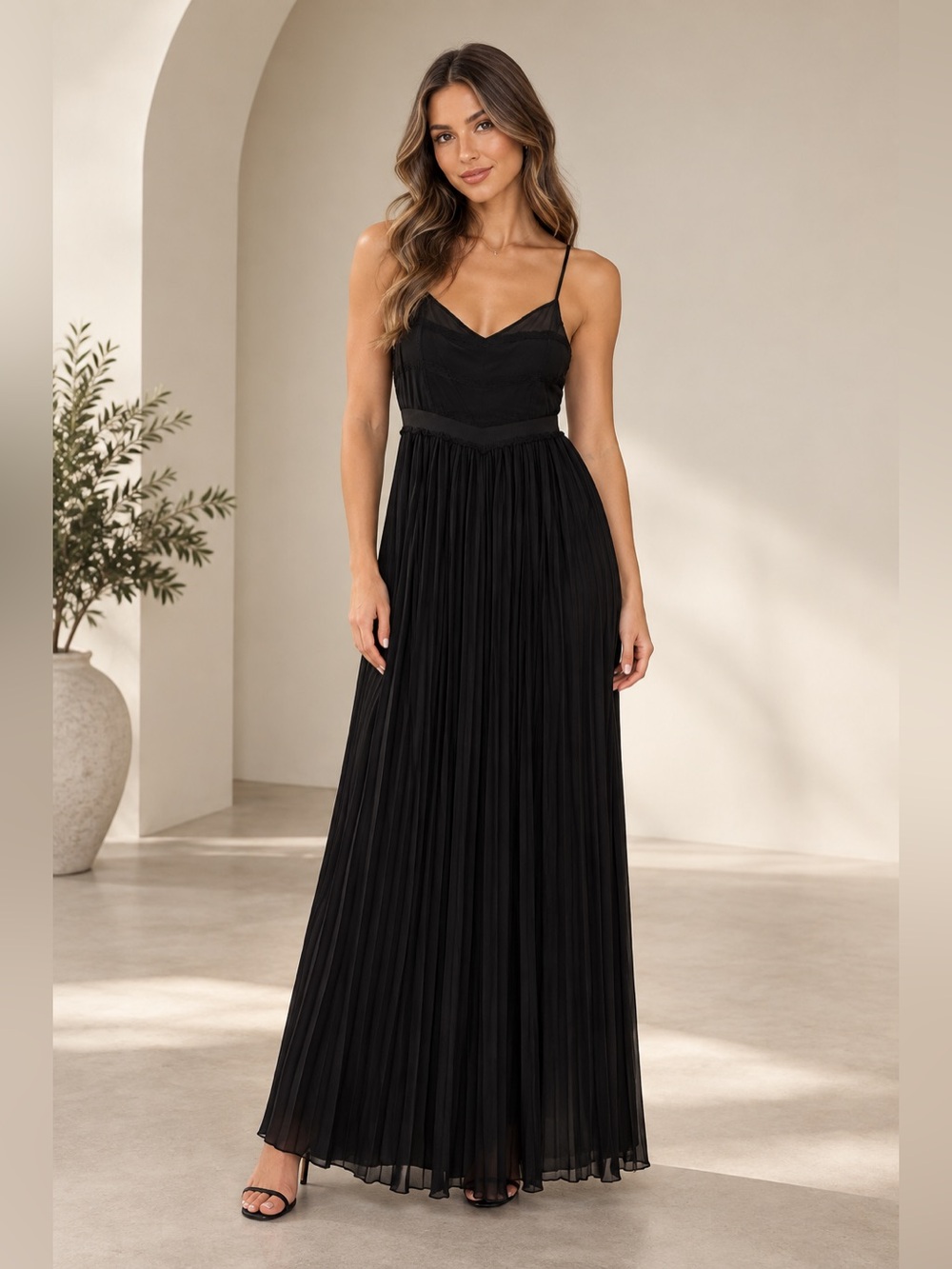 Black Pleated Maxi Dress Size M Spaghetti Strap